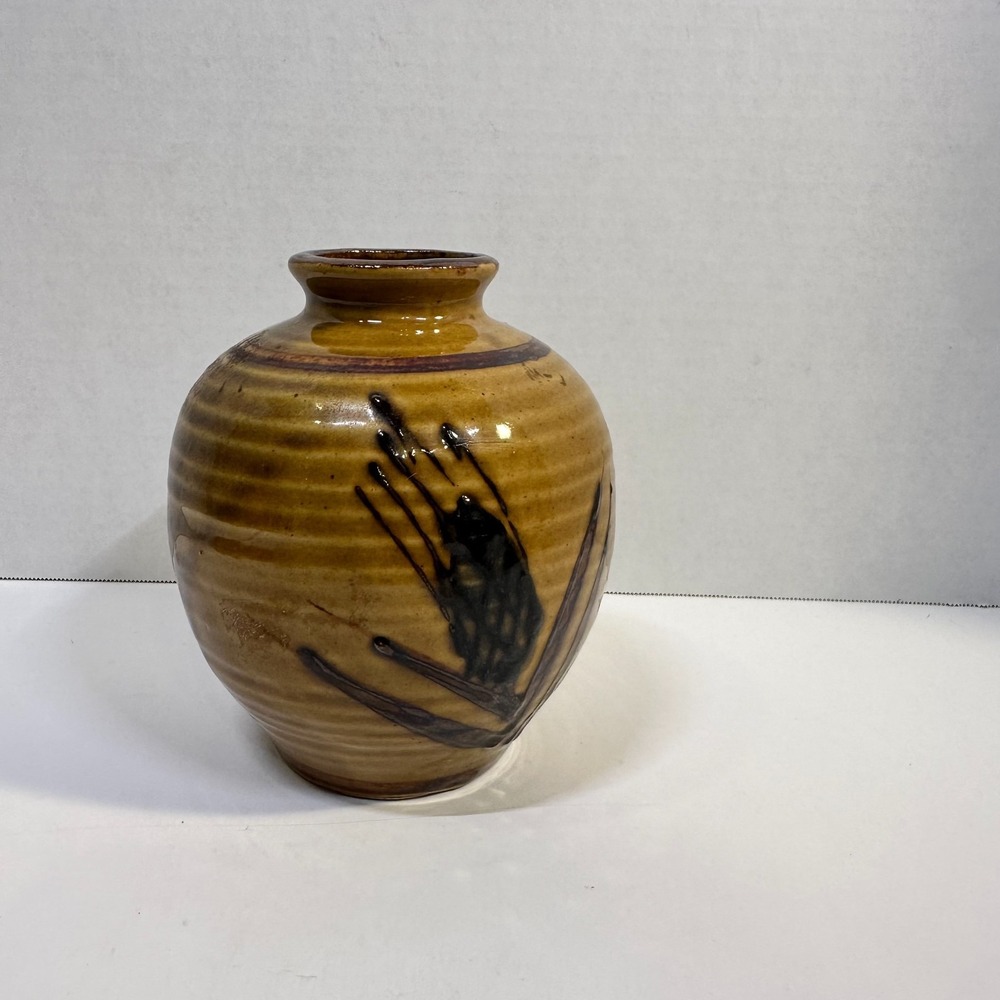 Vintage Studio Pottery Vase Brown Glaze Black Abstract Handmade Stoneware